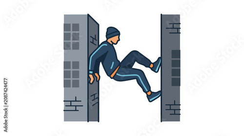 Parkour athlete performing a wall climb between two urban buildings.