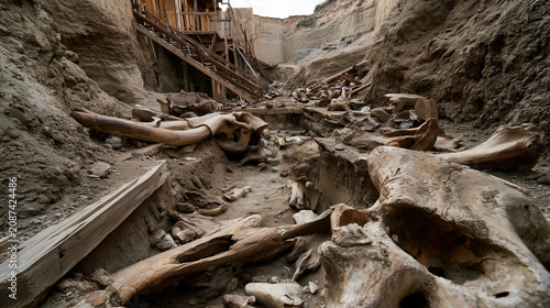 Mammoth skeleton in the ground. Excavation process.