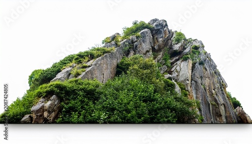 jagged rock formation covered in lush green vegetation isolated