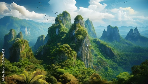 lush green karst mountain peak jungle vegetation