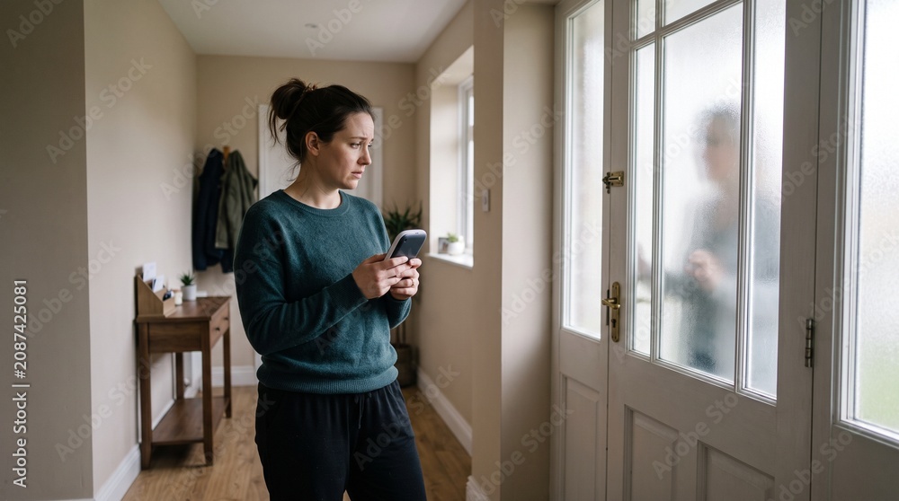 Fototapeta premium Mother avoiding visitors, Closed doorway and blurred friend, Blank baby monitor in hand, Postpartum social withdrawal, Soft hallway lifestyle