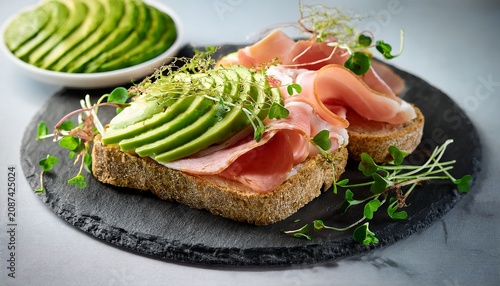 whole grain bread topped with fresh avocado slices ham and microgreens against a grey background