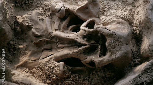 Mammoth skeleton in the ground. Excavation process.