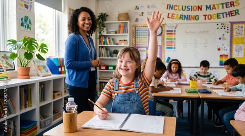 Diverse elementary school classroom with teacher and students learning together with inclusion matters banner