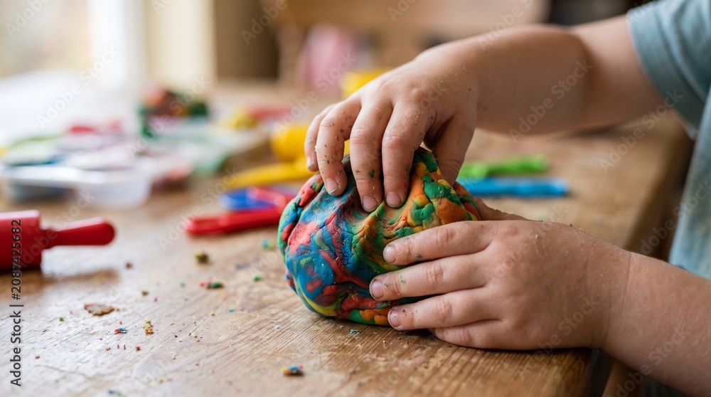 Naklejka premium Close up of childs hands playing with colorful playdough on a wooden table with rolling pin and tools