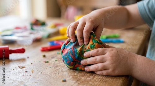 Close up of childs hands playing with colorful playdough on a wooden table with rolling pin and tools