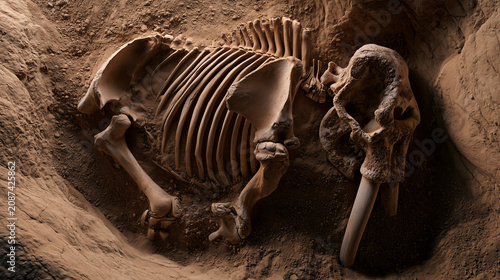 Mammoth skeleton in the ground. Excavation process.