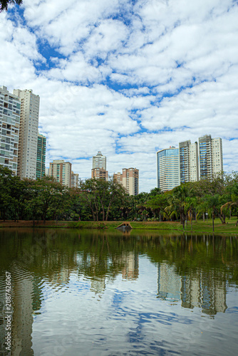 Imagem vertical do Parque Flamboyant em Goiania, mostrando o lago com prédios ao fundo e ceu nublado.