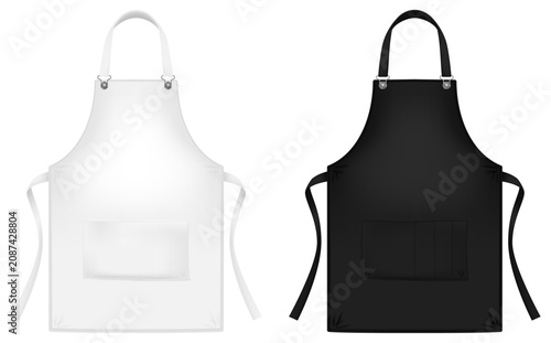 Black and white kitchen apron mockup with pocket isolated on white background. Photo- realistic vector illustration.