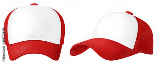 Red and white trucker hat mockup front and side view isolated on white background. Photo- realistic vector illustration.	