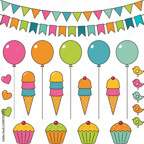 Colorful birthday party decoration icon set