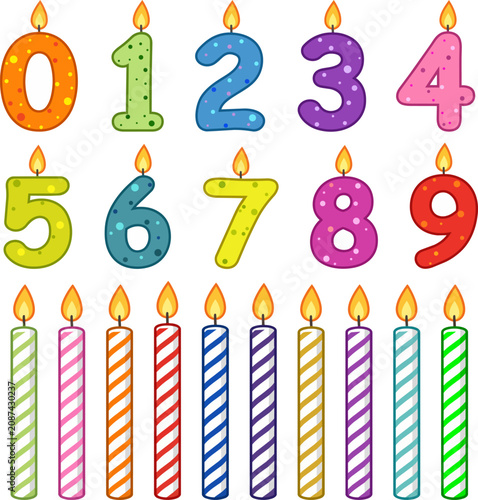 Colorful number candles and striped birthday candles