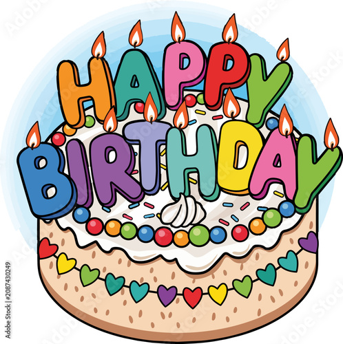 Birthday cake topped with happy birthday candles