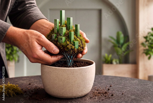 Sustainable technology concept with hands planting a living smart city