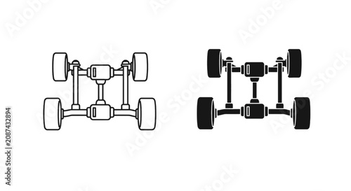 Vector illustration of car chassis with four wheels and transmission system icon set on a transparent background