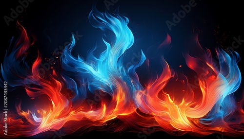 tongues of blue and red fire on clear black background cold and hot flames and sparks background design
