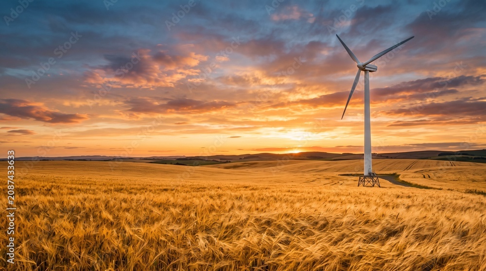Obraz premium Wind Turbine in Golden Wheat Field at Sunset, Renewable Energy Landscape Photo