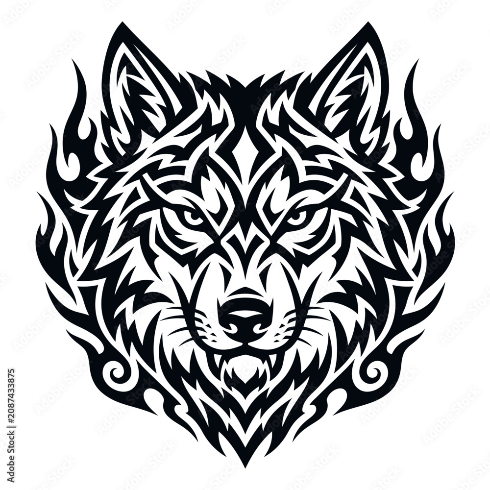 Fototapeta premium Aggressive Tribal Wolf Head Graphic Illustration with Stylized Flaming Elements