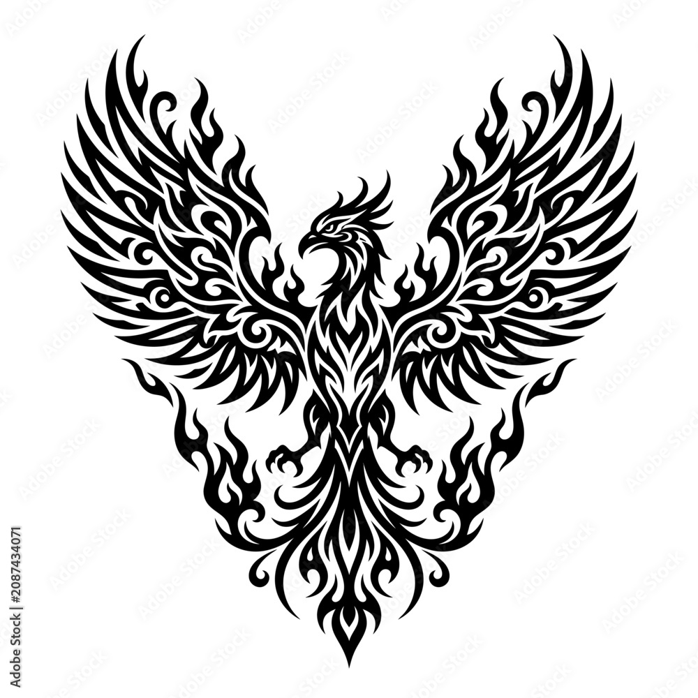 Fototapeta premium Majestic Tribal Phoenix Illustration with Spread Wings in Black and White Graphic Tattoo Style