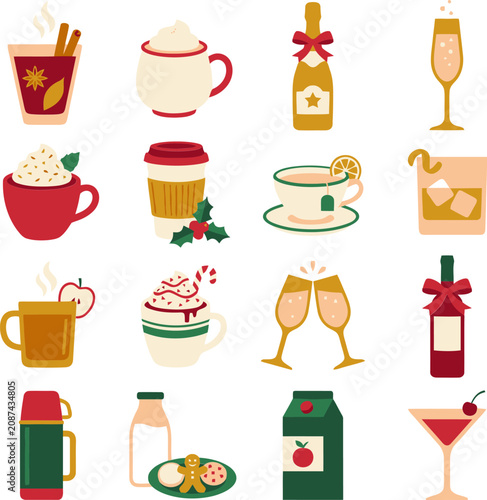 Christmas winter drinks vector set, festive holiday beverage icons with mulled wine and hot cocoa, 16 seasonal cocktail and coffee illustrations