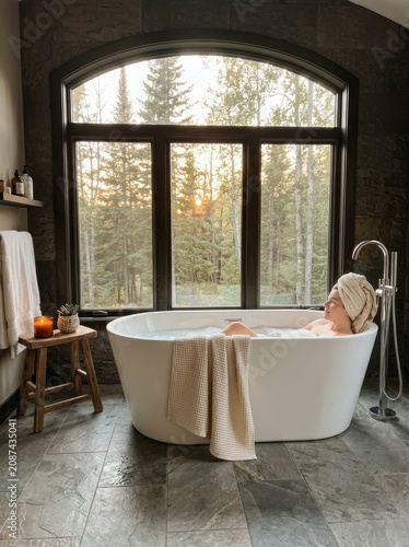 Woman relaxing in a bathtub, serene view of forest at sunset.