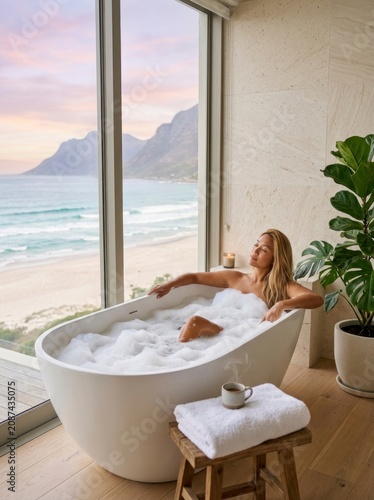 Woman relaxing in a foam bath, ocean view from a luxury bathroom.