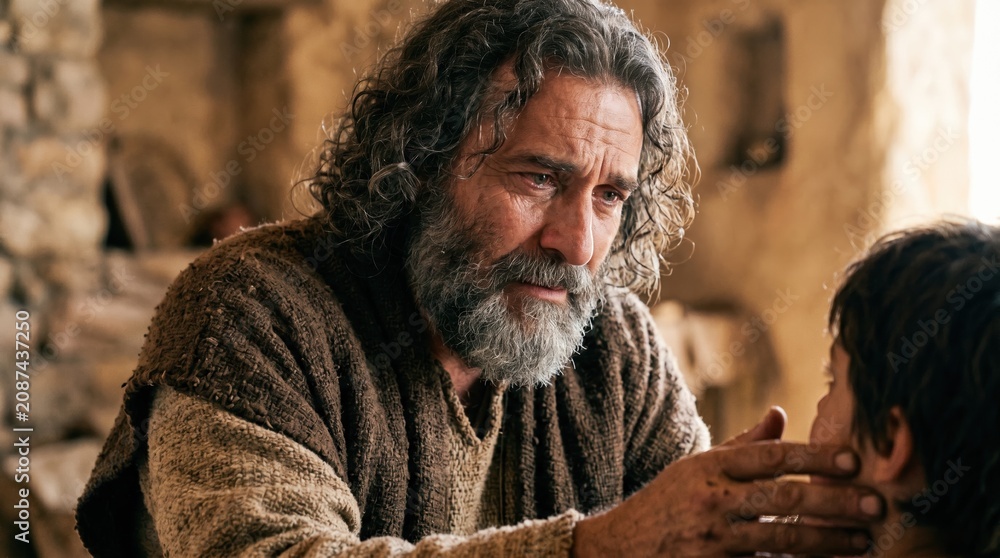 Obraz premium Prophet Elijah with the widow son. Emotional bearded man touching a young boy face in a rustic stone room
