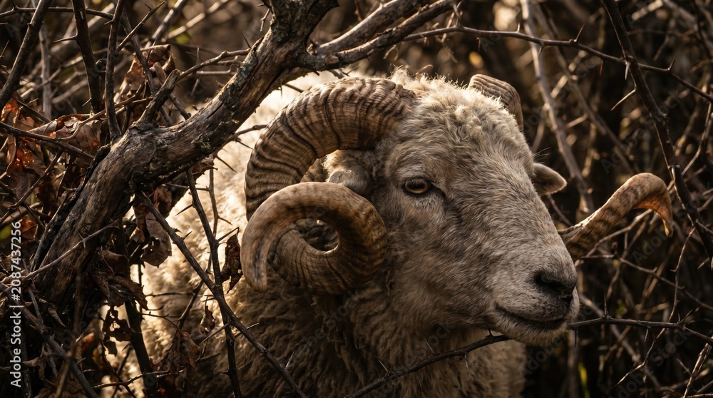 Fototapeta premium Ram caught in a thicket of thorns. Biblical sacrifice of Abraham concept with horned sheep in dense branches