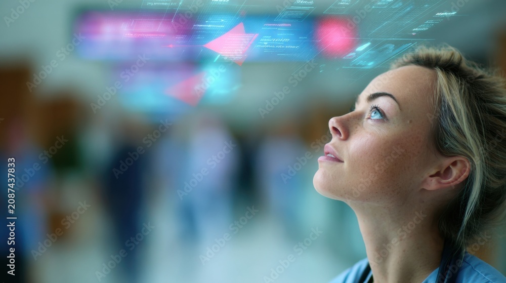 Obraz premium Medium shot of patient glancing at overhead AR display with vibrant navigation arrows corridor softly blurred to emphasize digital guidance in hospital setting.