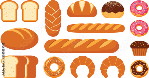 Foto Bakery products vector illustration set featuring bread loaves baguettes croissants donuts and muffins for bakeshop menus pastry branding and culinary design elements