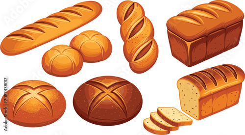 Quadro su tela Bread collection featuring freshly baked loaves baguettes sourdough rounds and wheat slices for bakery branding rustic culinary menus and recipe illustration templates