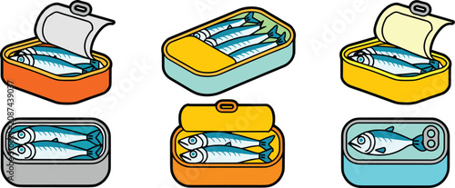 Canned sardines vector illustration set featuring open tin cans with small fish for grocery packaging design seafood marketing and supermarket store branding.