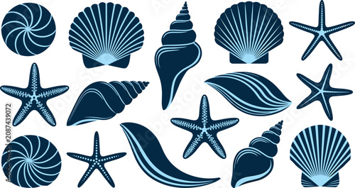 Bild auf Leinwand Sea shells and starfish collection featuring dark blue ocean silhouettes of scal