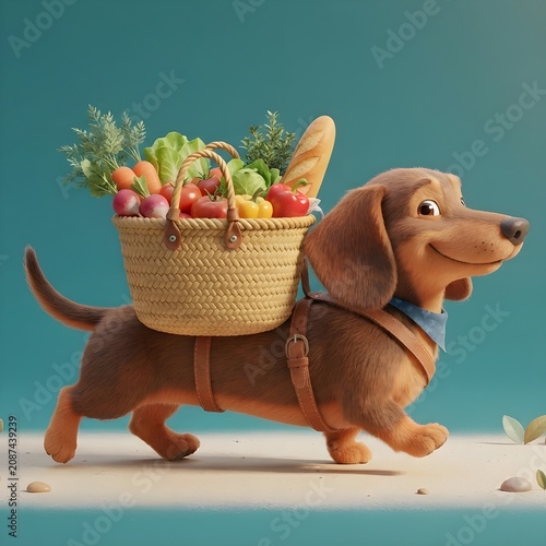 dog with basket of vegetables