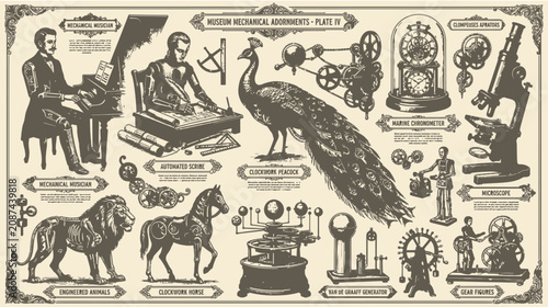 Tableau sur toile Steampunk mechanical collection featuring victorian scientific illustrations and