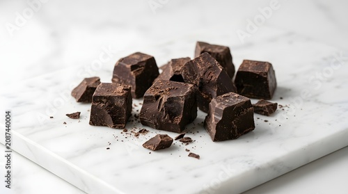 Chunks of dark chocolate arranged on a marble surface. The chocolate is rich and dark, with a slightly rough texture, suggesting a decadent treat