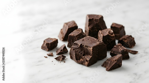 A pile of dark chocolate chunks scattered on a marble surface, showcasing the rich texture and deep color of the treat. The pieces are irregular, hinting at a homemade or artisan quality