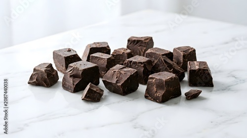 A pile of dark chocolate chunks scattered on a marble surface, ready to be enjoyed