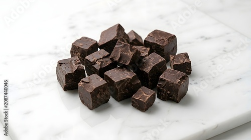 A pile of dark chocolate chunks on a white marble slab, ready to be melted or enjoyed