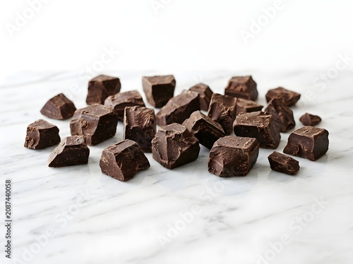 Chunks of dark chocolate scattered on a marble surface, ready to be enjoyed. The rich, deep brown pieces evoke a sense of indulgence and decadent sweetness