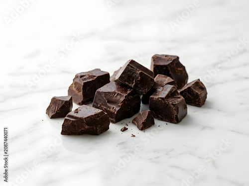 A pile of rich, dark chocolate chunks on a marble surface