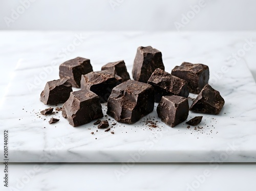 A pile of dark chocolate chunks on a marble surface