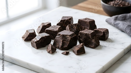 A pile of dark chocolate chunks arranged on a white marble slab. The rich, decadent chocolate looks ready to be savored.