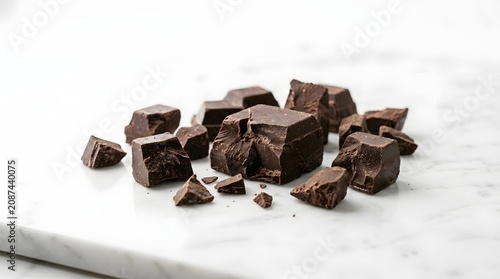 A pile of dark chocolate chunks arranged on a marble surface. The chocolate pieces are broken and uneven, showcasing their rich texture