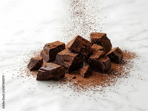 A pile of dark chocolate chunks scattered on a marble surface, with cocoa powder dusting over them, creating a rich and decadent scene