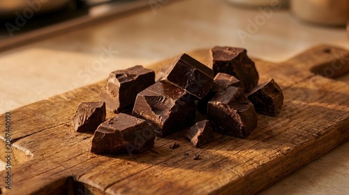 Chunks of dark chocolate rest on a rustic wooden cutting board, ready for baking or enjoying as a sweet treat