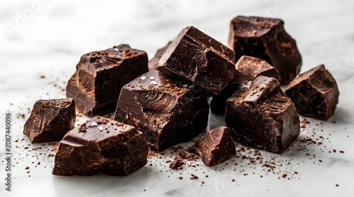 Delicious dark chocolate chunks scattered on a white marble surface, dusted with cocoa powder and sprinkled with coarse sea salt