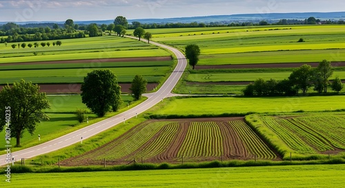 Rural landscape with winding road through vibrant green agricultural fields under a clear sky