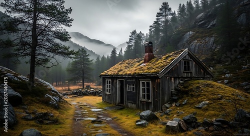 Rustic cabin nestled in a misty mountain forest landscape