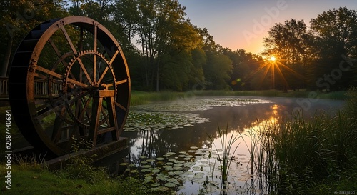 Rustic water wheel beside tranquil pond at sunrise with sun rays through trees